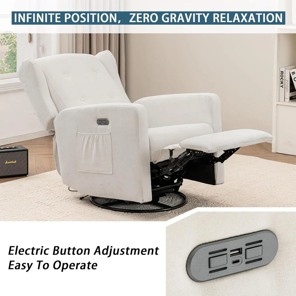 Power Swivel Rocking Recliner Chair, Electric Rocker Nursery Glider Chair, Upholstered Fabric/ Reclining Single Sofa Chair