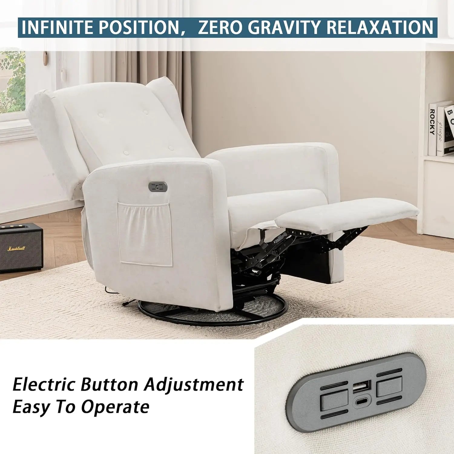Power Swivel Rocking Recliner Chair, Electric Rocker Nursery Glider Chair, Upholstered Fabric/ Reclining Single Sofa Chair