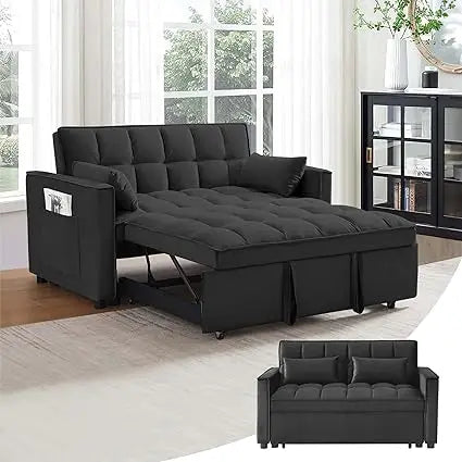 55 Inch 3-in-1 Sleeper Loveseat, Velvet Futon Sofa with Adjustable Reclining Backrest and Pull Out Couch, Includes Pillows
