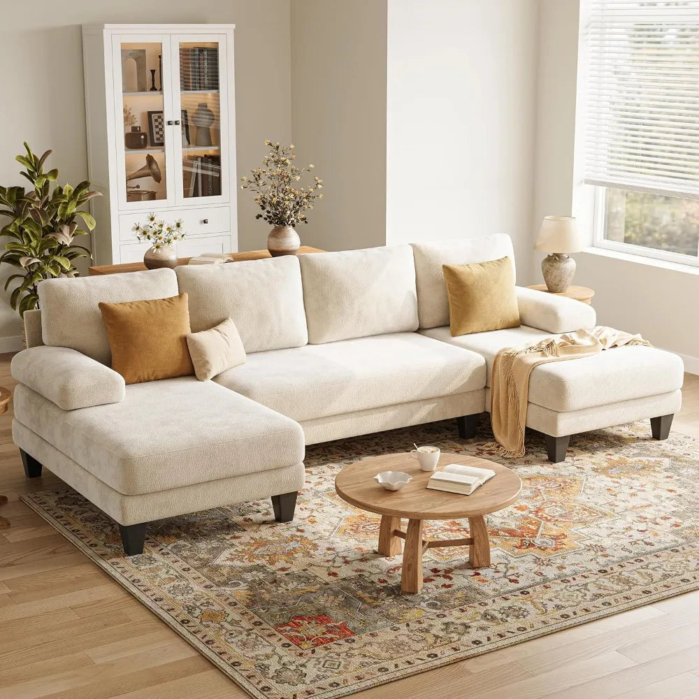 u-shaped sectional couches for living room | 112 inch sectionals couch | beige cheille sofa with double chaise for apartment