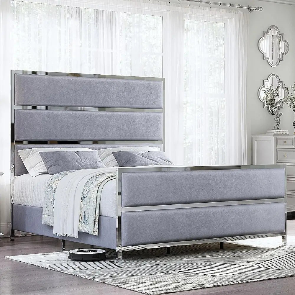 King-Size Velvet Bed Frame with Silver Trim, Channel Tufted Platform Bed, No Box Spring Needed