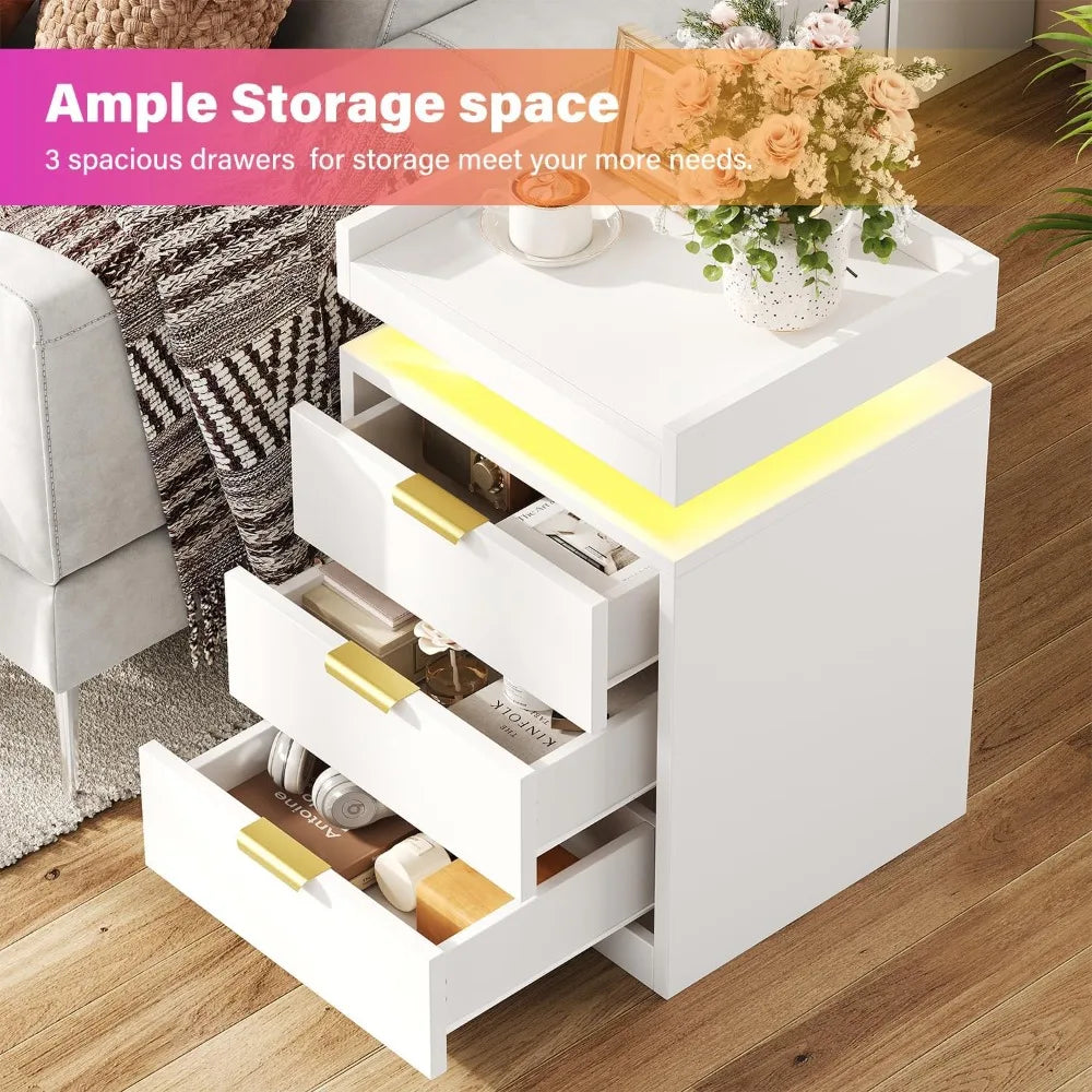 LED End Tables, Set of 2 with Charging Station USB Ports, 3-Drawer Table