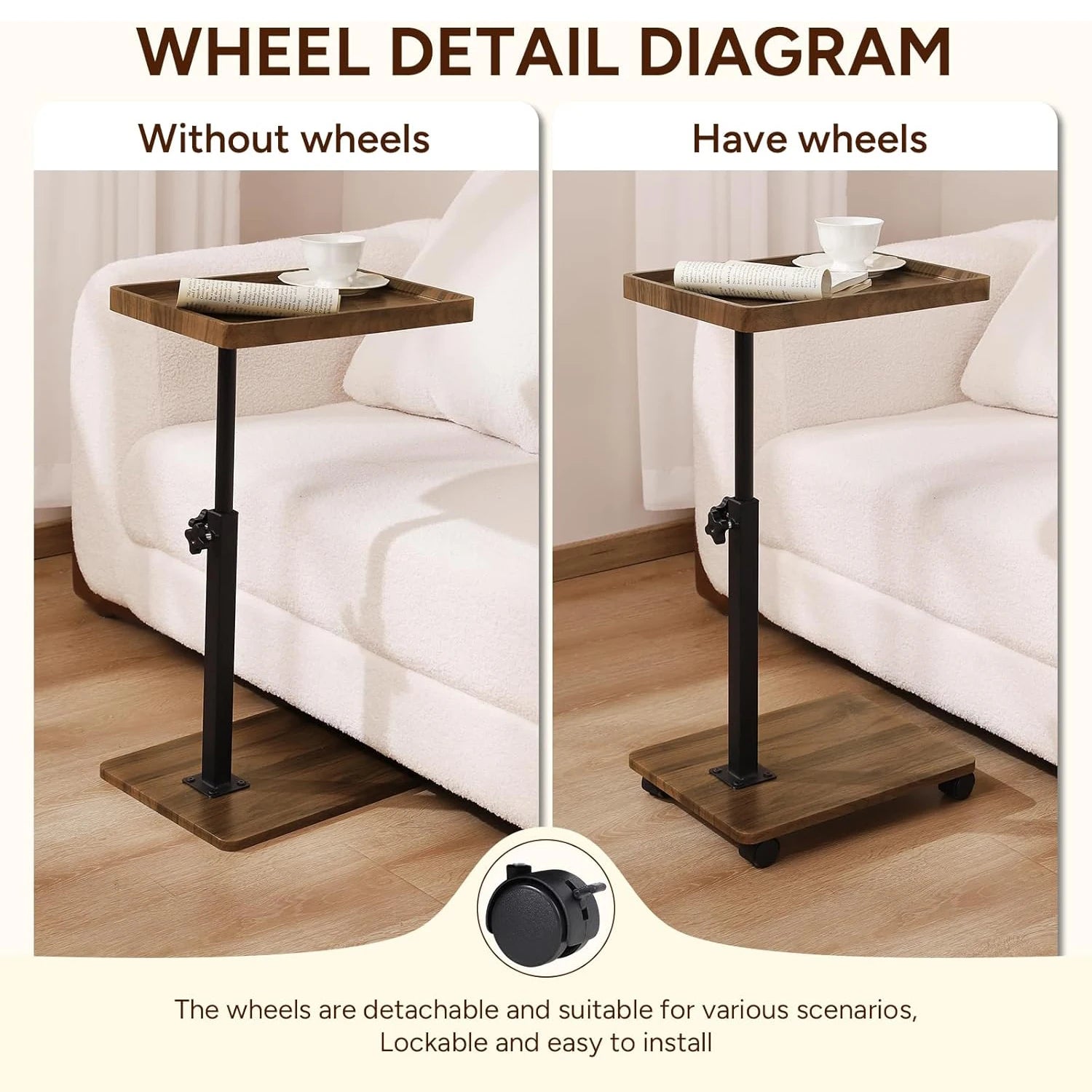 End Table Adjustable Height 360° Swivel TV Tray Couch Tables That Slide Under, Side Tables with Wheels For Sofa, Bed, Chair