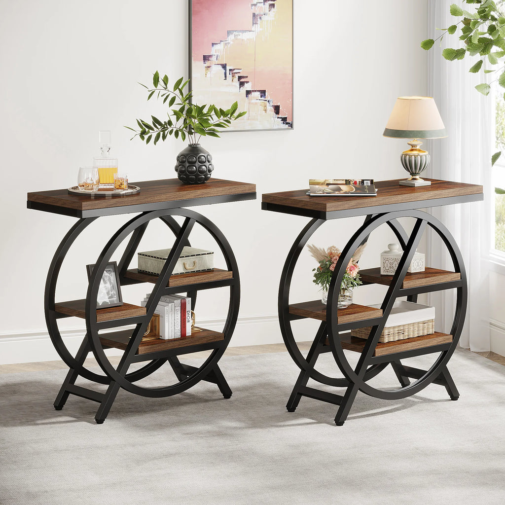Tribesigns End Table for Living Room, 3-Tier Narrow Side Table with Storage, Wood Sofa Side Table with Geometric Metal Frame