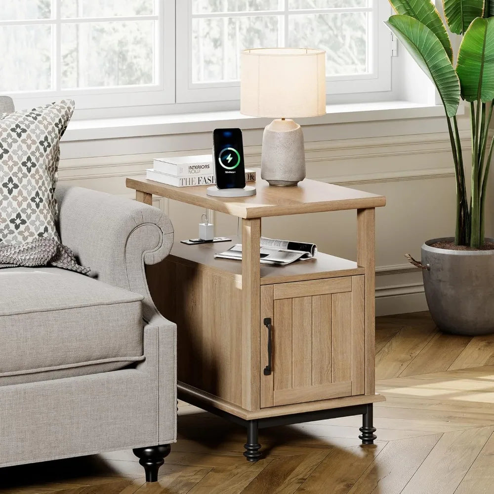 Set of 2 End Tables with Charging Station, Sofa Side Tables with Storage Cabinet for Living Room, Light Wood Bedside Table