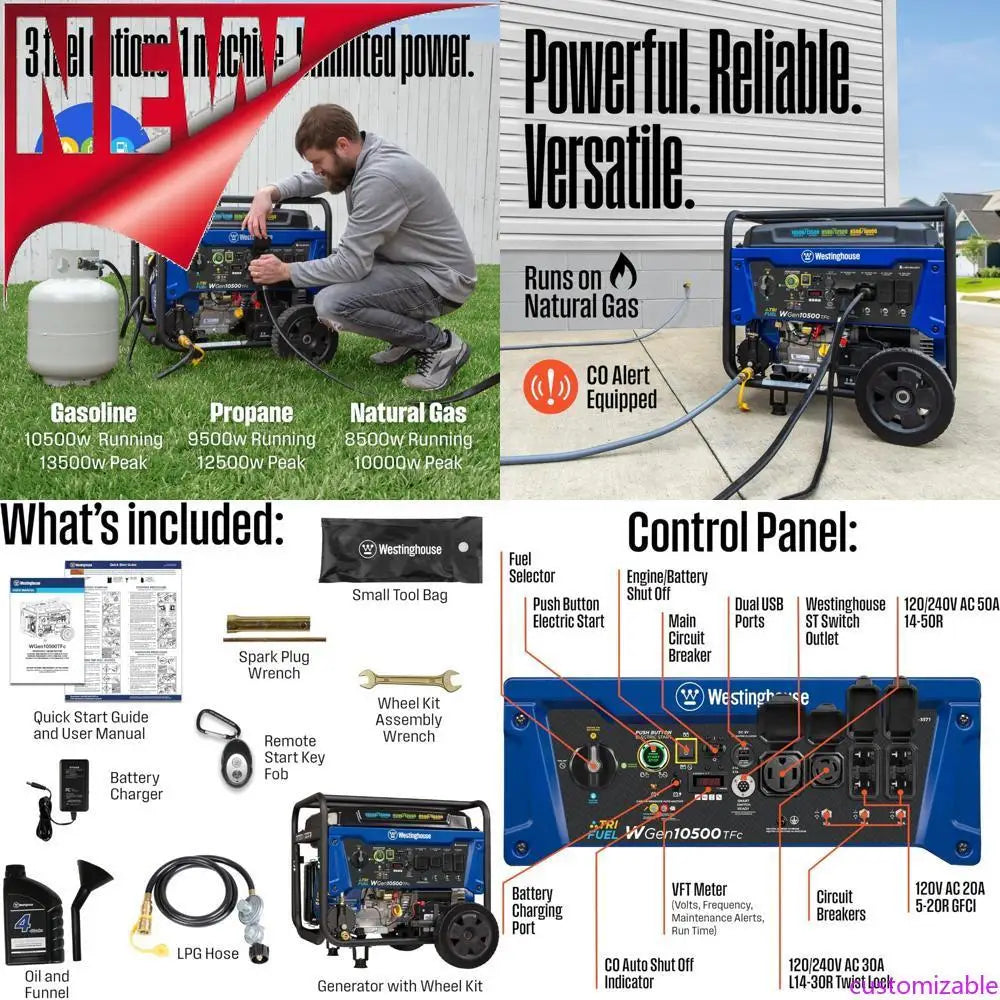 Westinghouse 13500W Tri-Fuel Portable Home Backup Generator with Remote Electric Start and Transfer Switch Capability