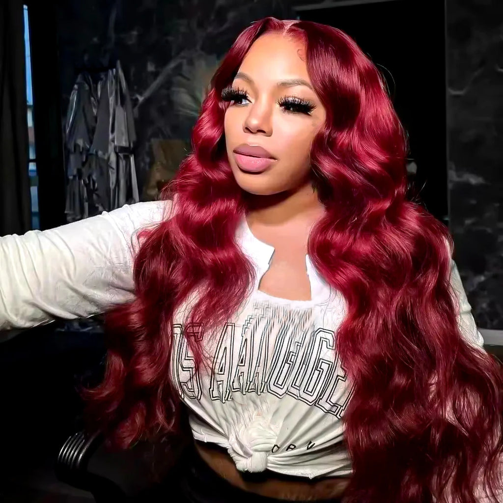 30 inch 99J Burgundy Lace Front Wigs Human Hair 13x6 Body Wave/ Lace Front Wigs/ Wine Red Lace Front Wig /180% Density
