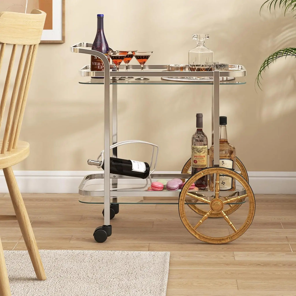 Bar Cart for The Home, 2-Tier Rolling Tempered Glass Serving Cart, 2 Large Gold Aluminum Wheels, Stainless Steel Frame
