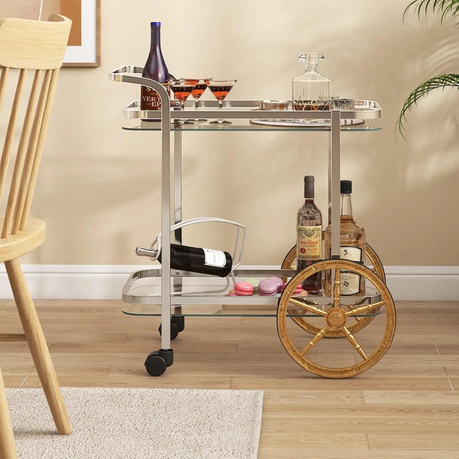 Bar Cart for The Home, 2-Tier Rolling Tempered Glass Serving Cart, 2 Large Gold Aluminum Wheels, Stainless Steel Frame