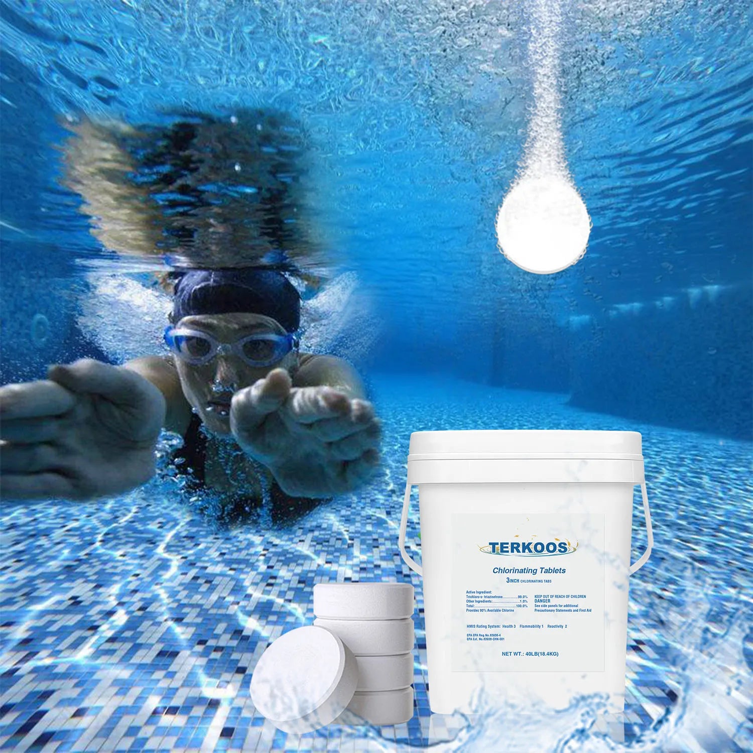 40LB Chlorine Tablets For Swimming Pools, Swimming Pool Water Purifier Dose Tablet Chlorine, Stabilized Chlorine Tablets
