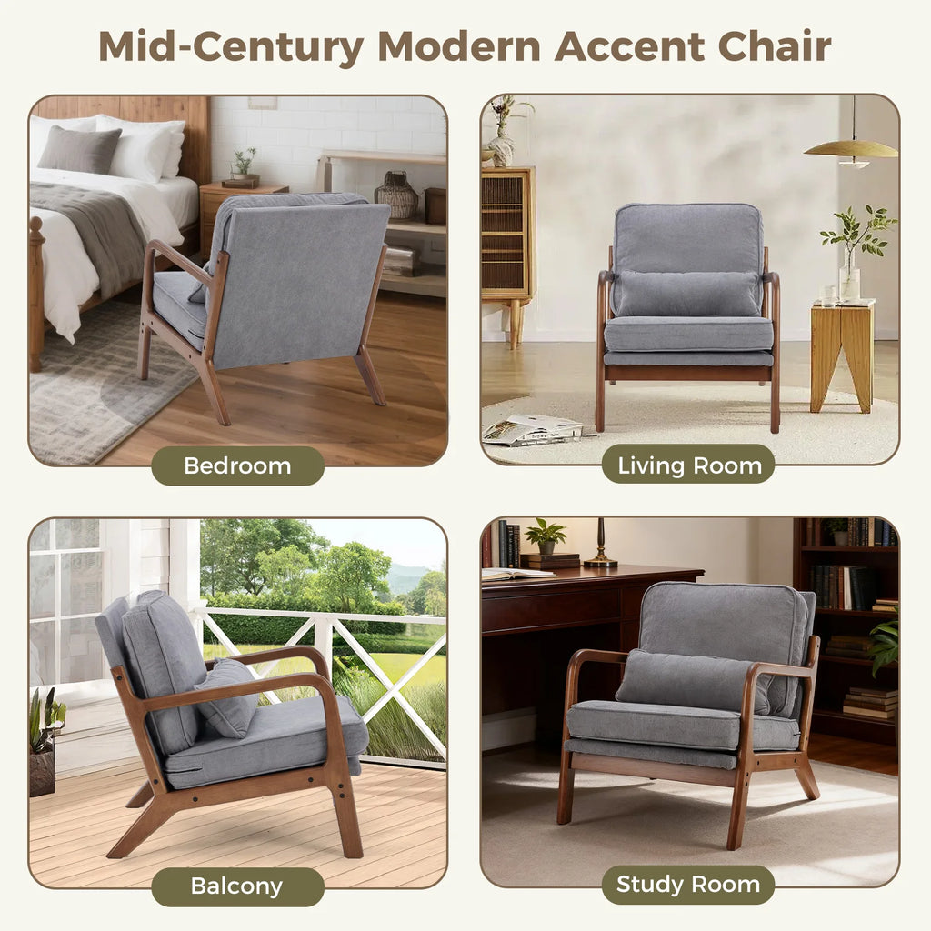 Solid Wooden Frame Accent Chair with Arms and Waist Cushion, Reading Chairs for Adults, Lounge Chair