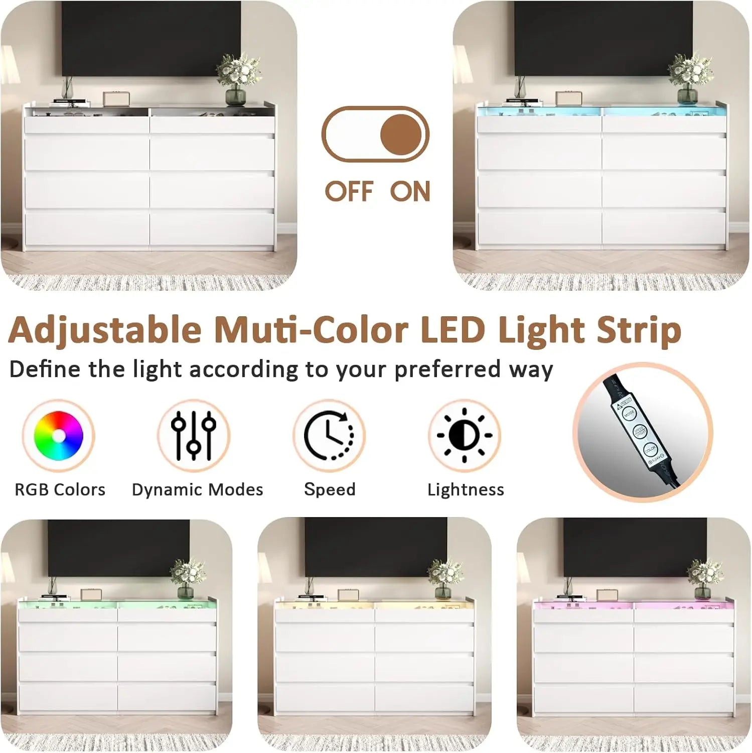 White 8 Drawer Dresser, Modern Chest of Drawers, Jewelry Dresser Display with Glass Top and LED Light