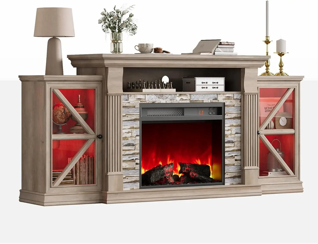 Electric Fireplace TV Stand, 70" Farmhouse Entertainment Center with Open Shelf and Glass Barn Door Cabniet,