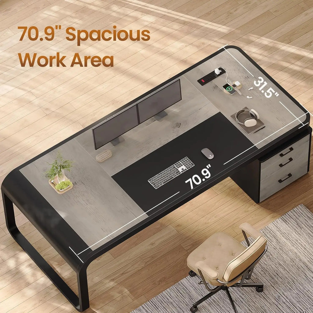 70.9" Executive Desk, Large Computer Desk with Drawers and Lateral File Cabinet, Office Desk with Removable Shelves, Business
