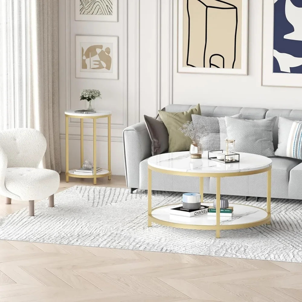 33.5" Round Coffee Table/  Coffee Table Room/ High Glossy Faux Marble Top /Circle Table Sturdy Gold Frame Legs/ Cocktail Table