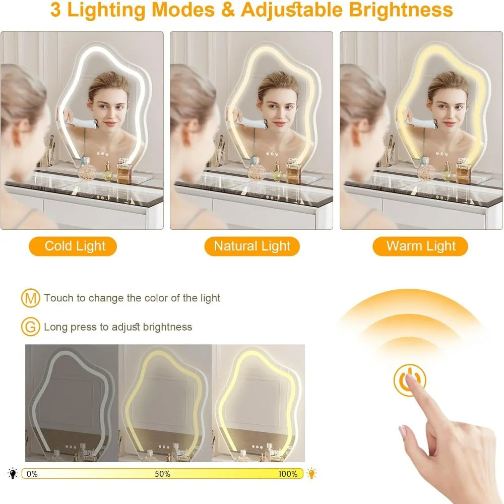 Modern L-Shaped Corner Vanity Desk with Glass Top, Mirror, and Lighting, 58-Inch Large Dressing Table with Two Drawers