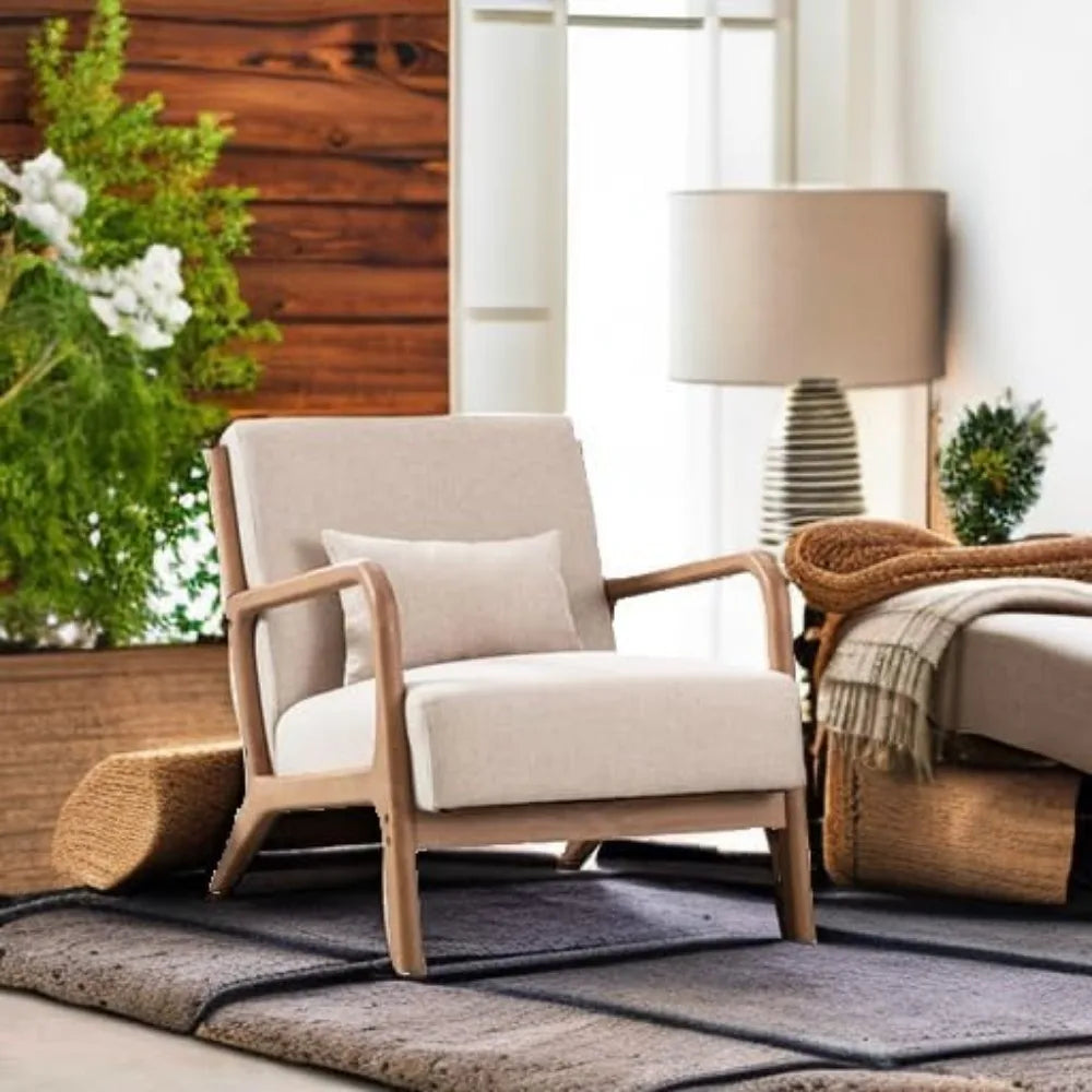 Mid Century Modern Accent Chair, Comfy Fabric Living Room Chairs with Solid Wood Frame, Lounge Reading Armchair