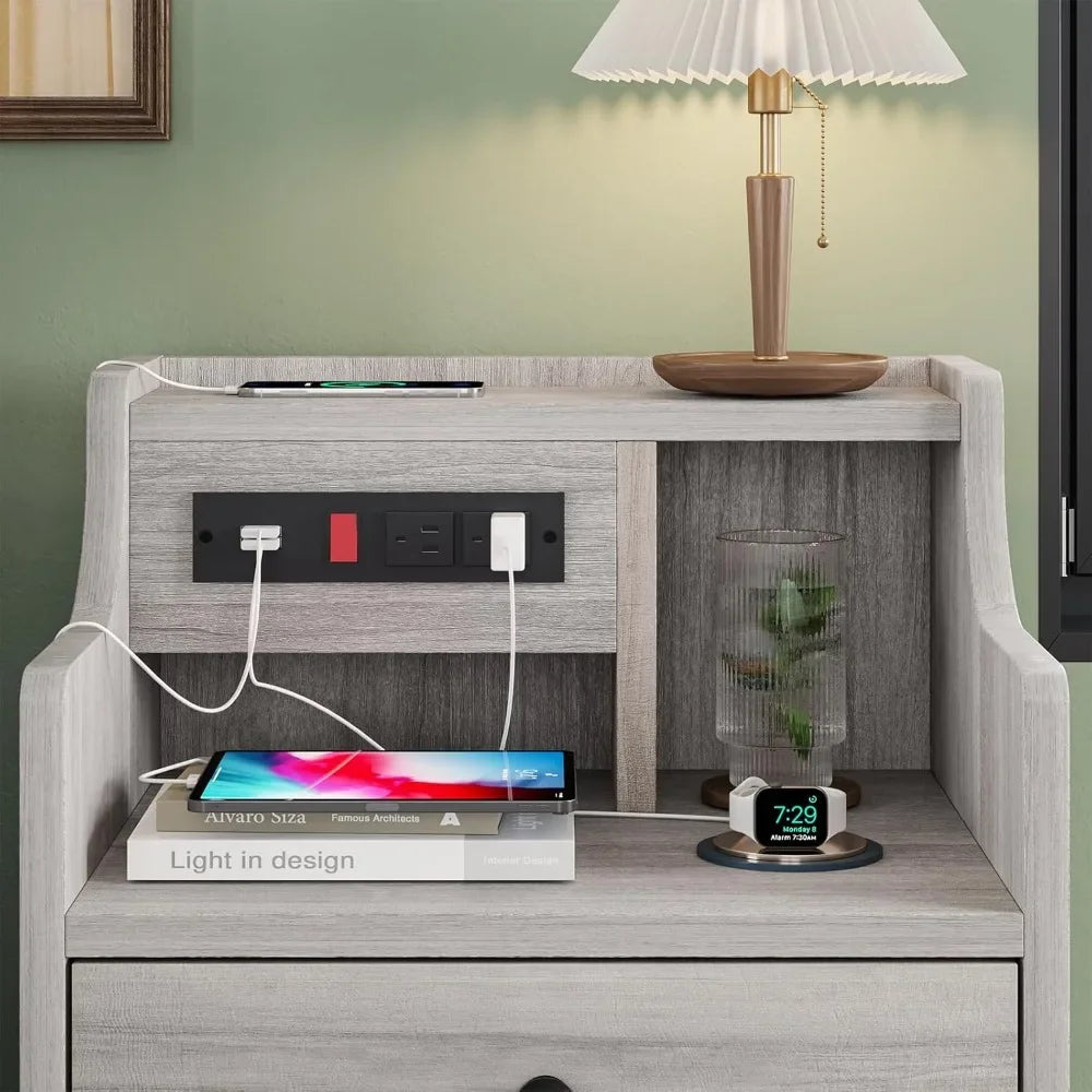 Nightstand Set 2,Gray with Charging Station & Hutch, Night Stands with Drawers