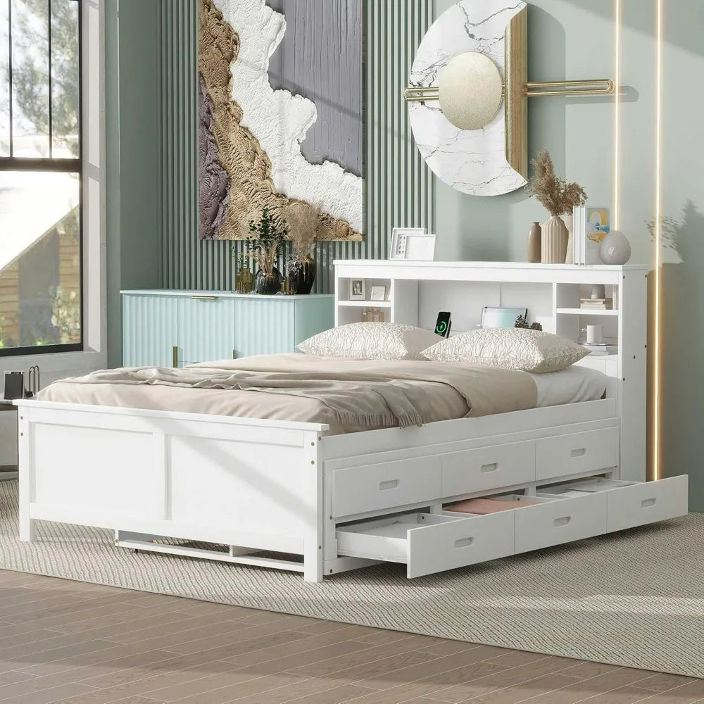 White Full Size Platform Bed with Storage, USB Ports, Wood Frame, Twin Trundle, and 3 Drawers