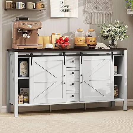 59 Farmhouse Style Buffet Cabinet with Thick Top, Coffee Bar with Sliding Barn Doors, 4 Drawers and 2 Shelves