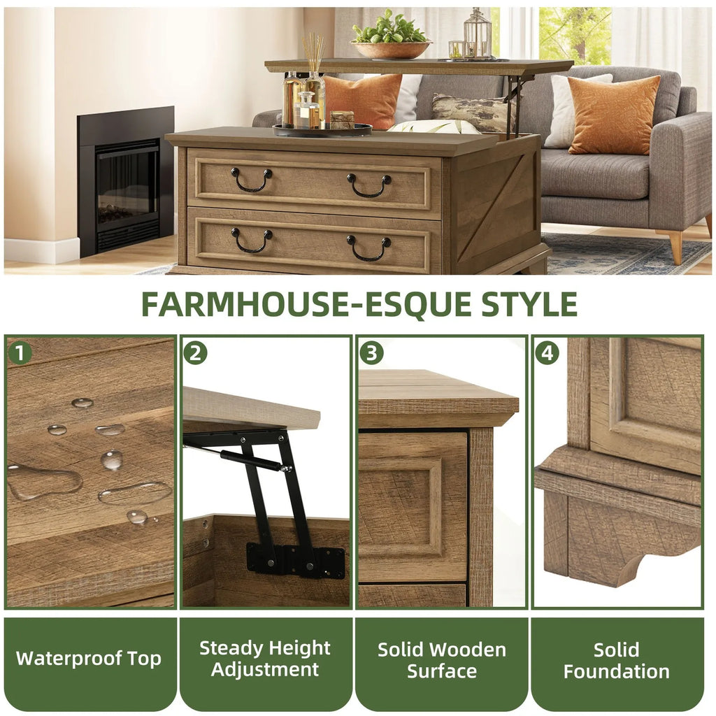 Farmhouse Square Lift-Top Coffee Table Large with Hidden Compartment Living Room