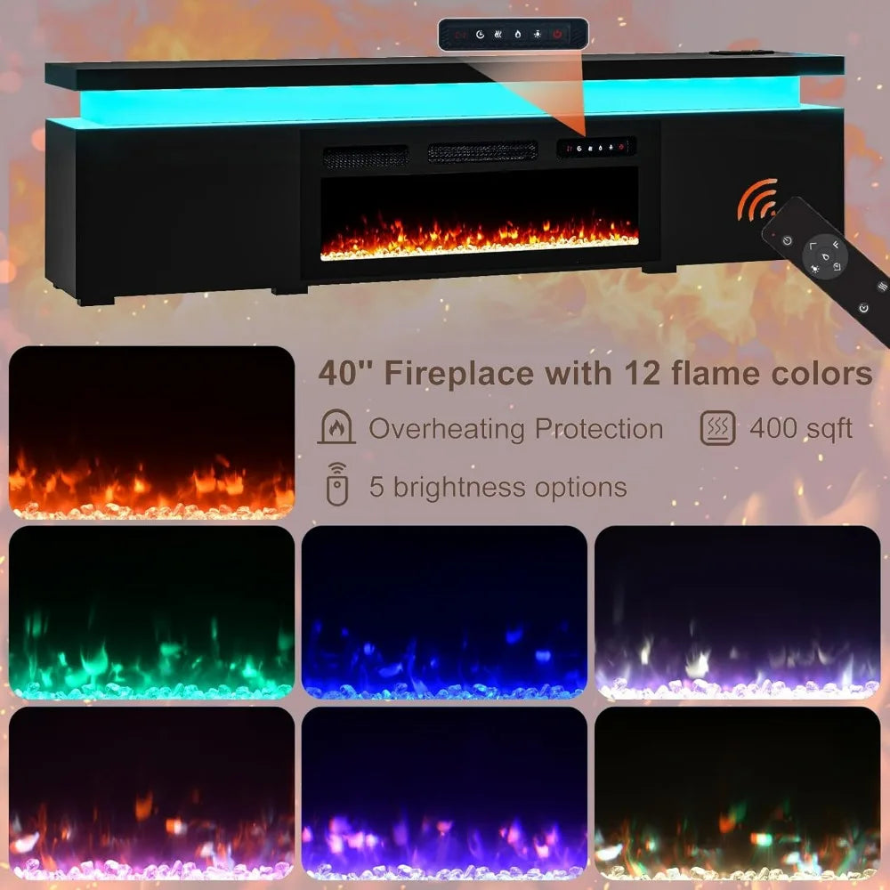 85’’ Fireplace TV Stand for 90 Inch TVs, With LED Lights, High Gloss