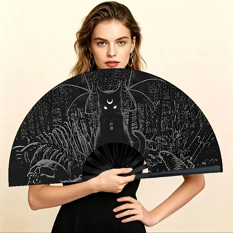 Dark Witch Wind Moon Teeth Black Cat Printed Folding Fan, Starry Sky Forest Handheld Fan, Suitable for Gothic Parties, Gatherings, Dance Performances, Large-scale Events, And Dance Shows.