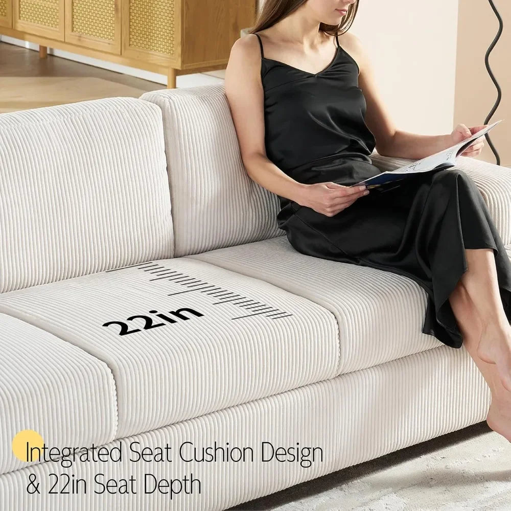 89" Comfortable 3-Person Sofa with Wooden Legs, Deep Seating White Corduroy Modern Couch for Living Room