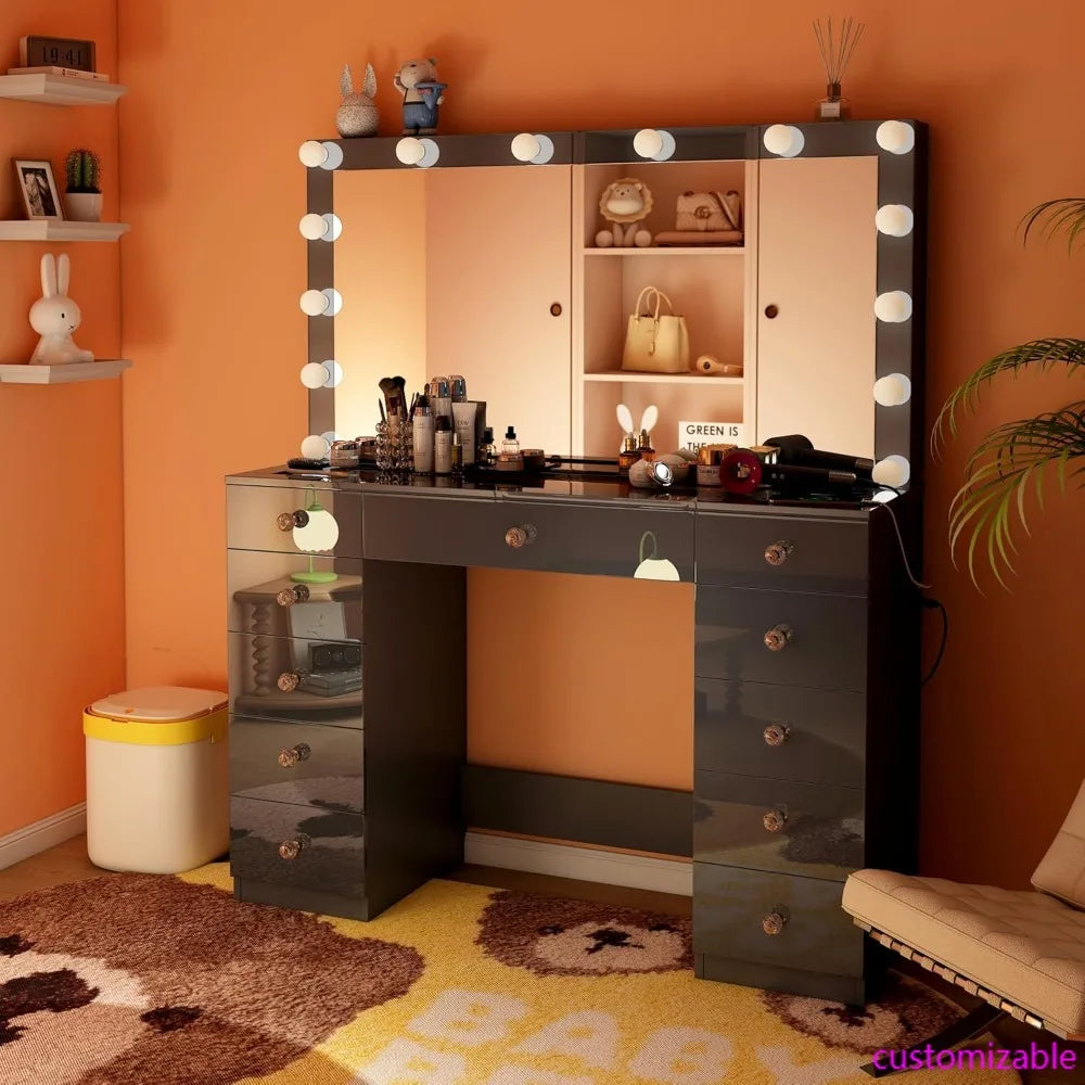Lighted Makeup Vanity Desk with 14 LED Lights, 3 Modes, and Sliding 11-Drawer Storage