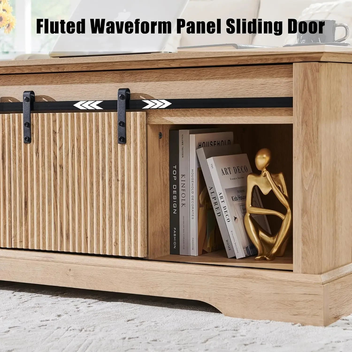 46" Fluted Lift Top Coffee Table with Sliding Door, Modern Center Table w/Adjustable Storage Shelf & Hidden Compartment