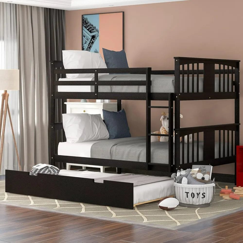 Twin Over Twin Bunk Bed with Trundle, Transformable into Individual Beds, Crafted from Solid Pine Wood with Safety Railing