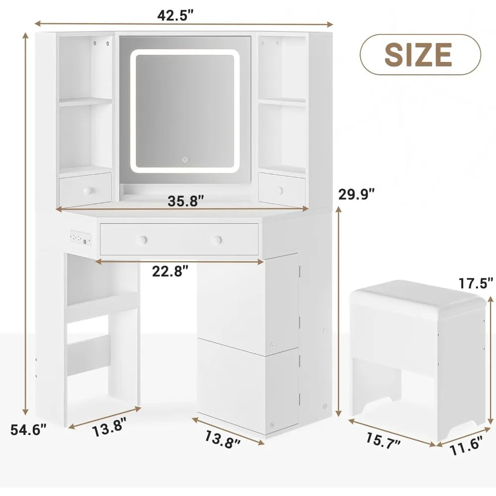 Corner Vanity Desk with Charging Station and Storage, Complete Makeup Vanity with Lighted Mirror and Stool