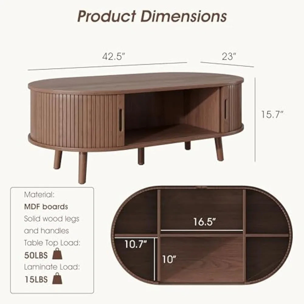 Oval Coffee Table, Mid Century Modern Coffee Table with Sliding Tambour Door, Fluted Center Table with Hidden Storage, Curved
