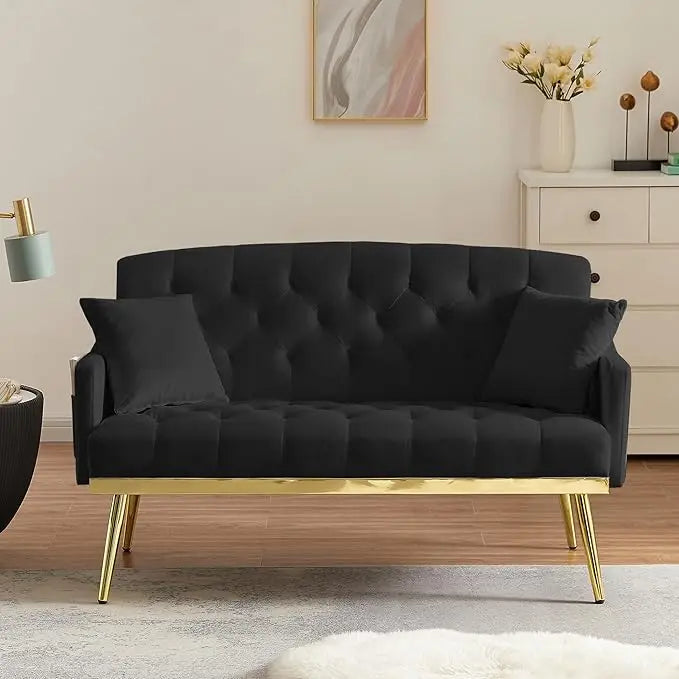 55-Inch Modern Velvet Loveseat Sofa with Gold Metal Legs & Side Pockets, Tufted Backrest, Perfect for Living Room, Bedroom