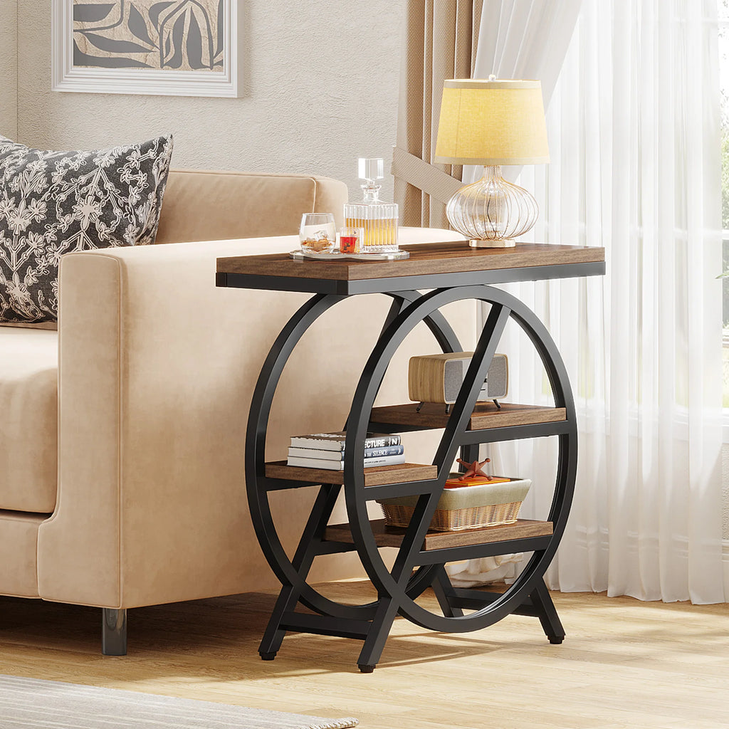 Tribesigns End Table for Living Room, 3-Tier Narrow Side Table with Storage, Wood Sofa Side Table with Geometric Metal Frame