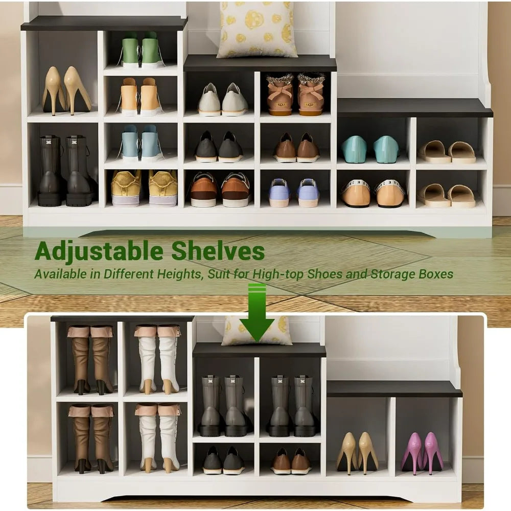 Farmhouse Style 77 Entryway Bench with Shoe Storage and Coat Rack, Featuring 16 Shoe Cubbies and 10 Hooks, Dimensions 15.8 Depth