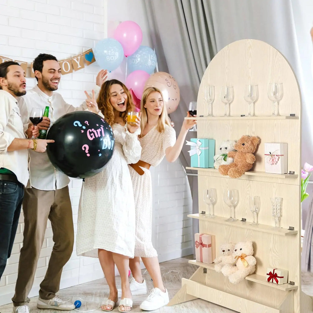 5.9 ft Wooden Arch Party Display 4 Tier Champagne Wall Foldable Treat Wall Display Backdrop Wedding Drink Shelves