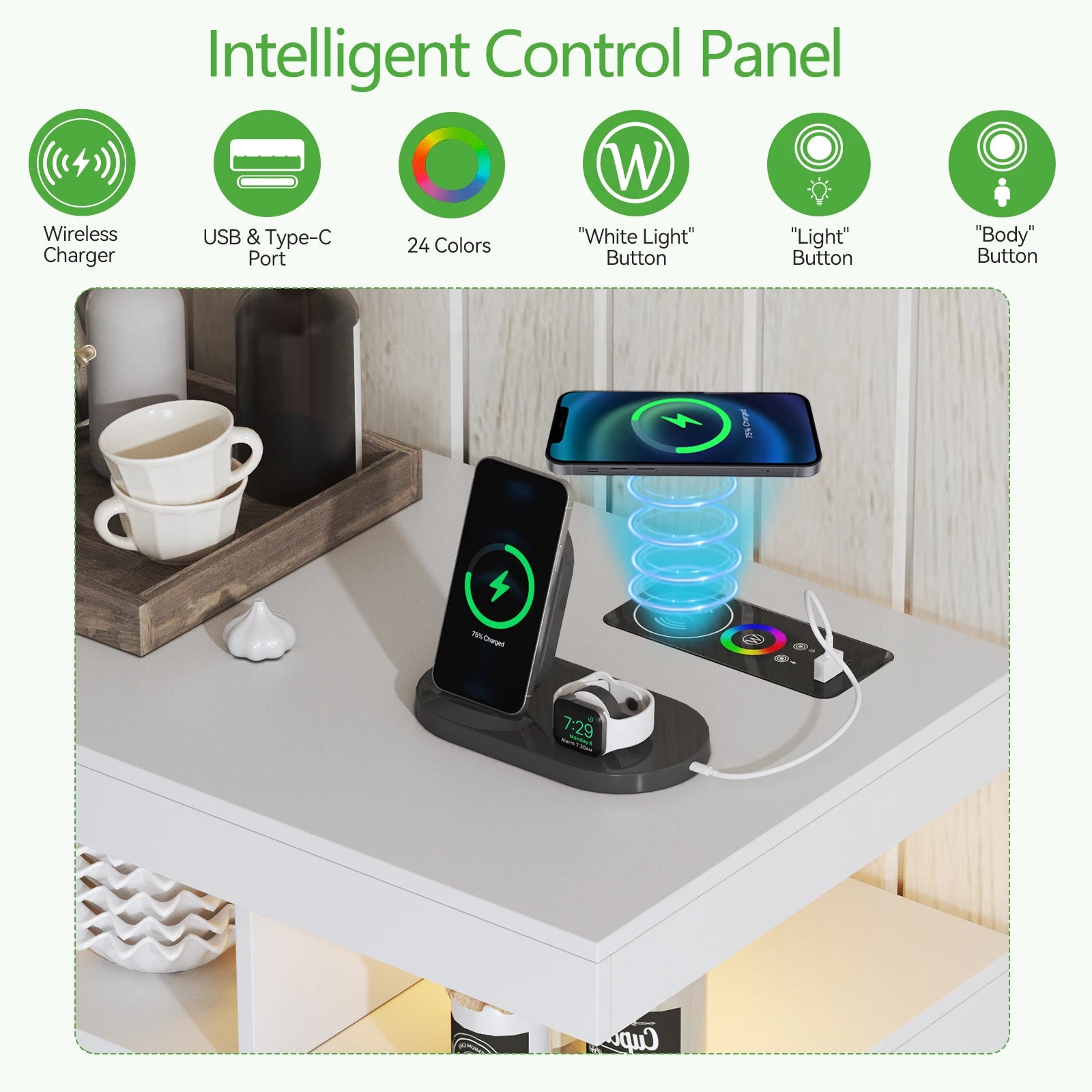 JDPAG 40" LED Buffet Cabinet with Wireless Charging Station, Auto Sensor RGB 20-Color Dimmable Sideboard