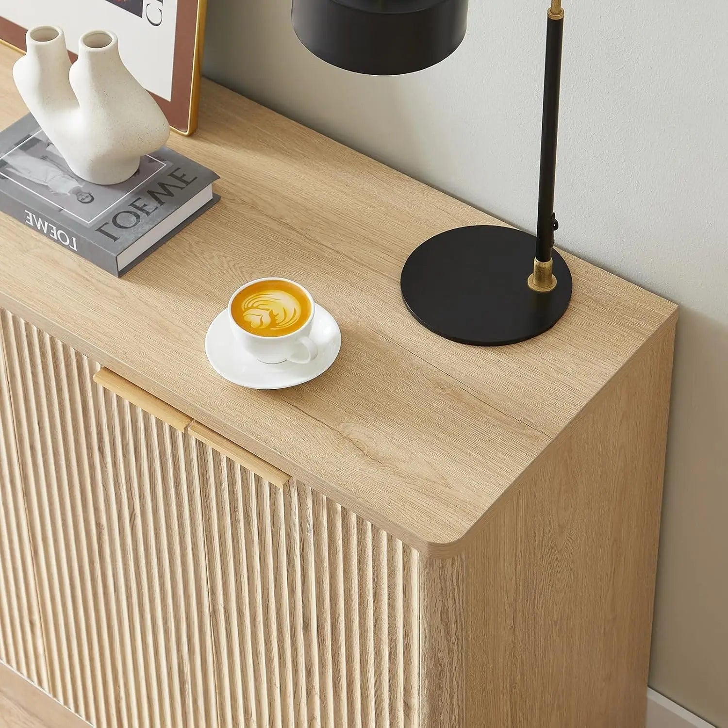 67" Fluted Oak Buffet Cabinet Sideboard with Storage, Large Credenza with 6 Doors, Wood Mid Century Modern Sideboard