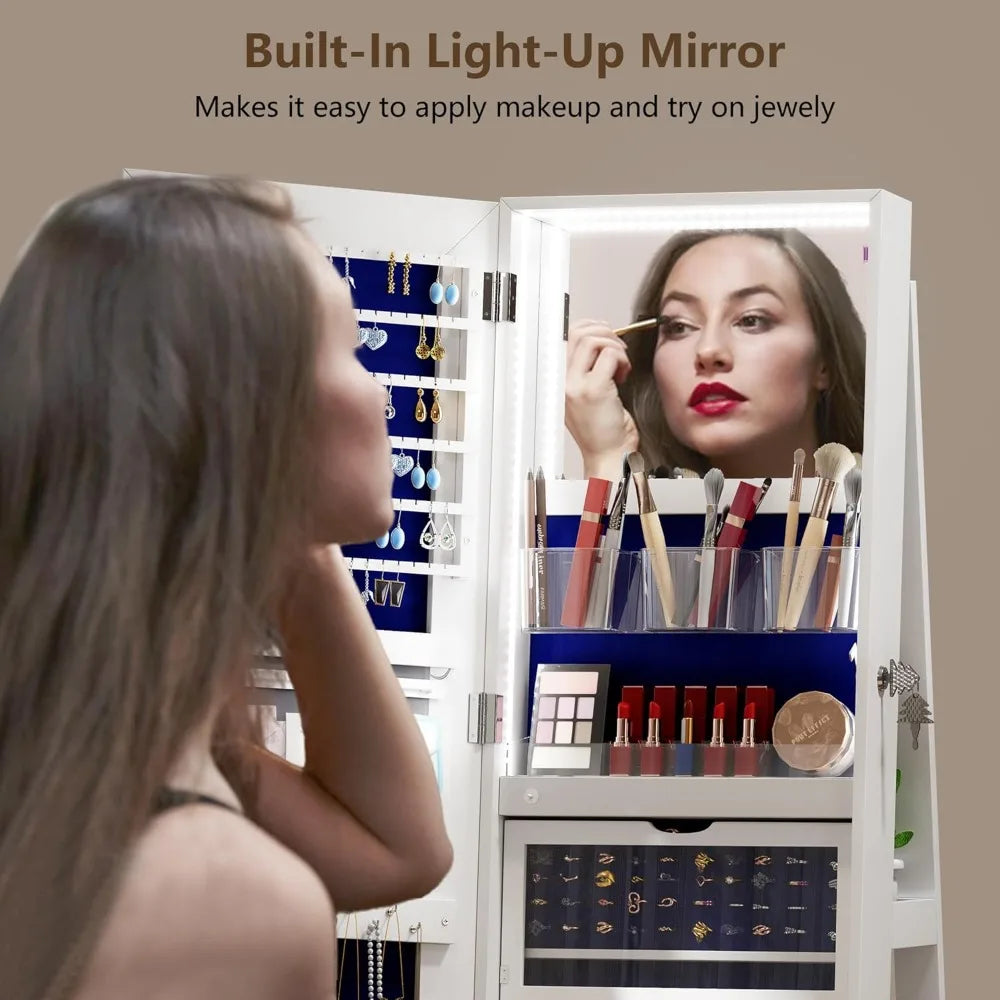Mirror Jewelry Cabinet Standing, 360° Swivel Jewelry Armoire with Full Length Mirror, Lockable Mirror with Jewelry Storage