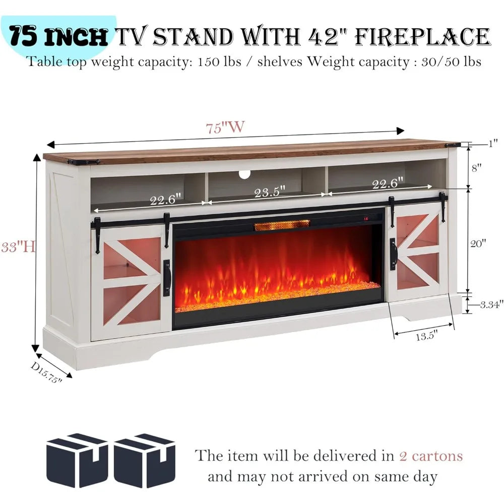 Fireplace TV Stand for 85" TV, 33" Tall Highboy Farmhouse Entertainment Center w/42'' Electric Fireplace & LED Light, Rustic