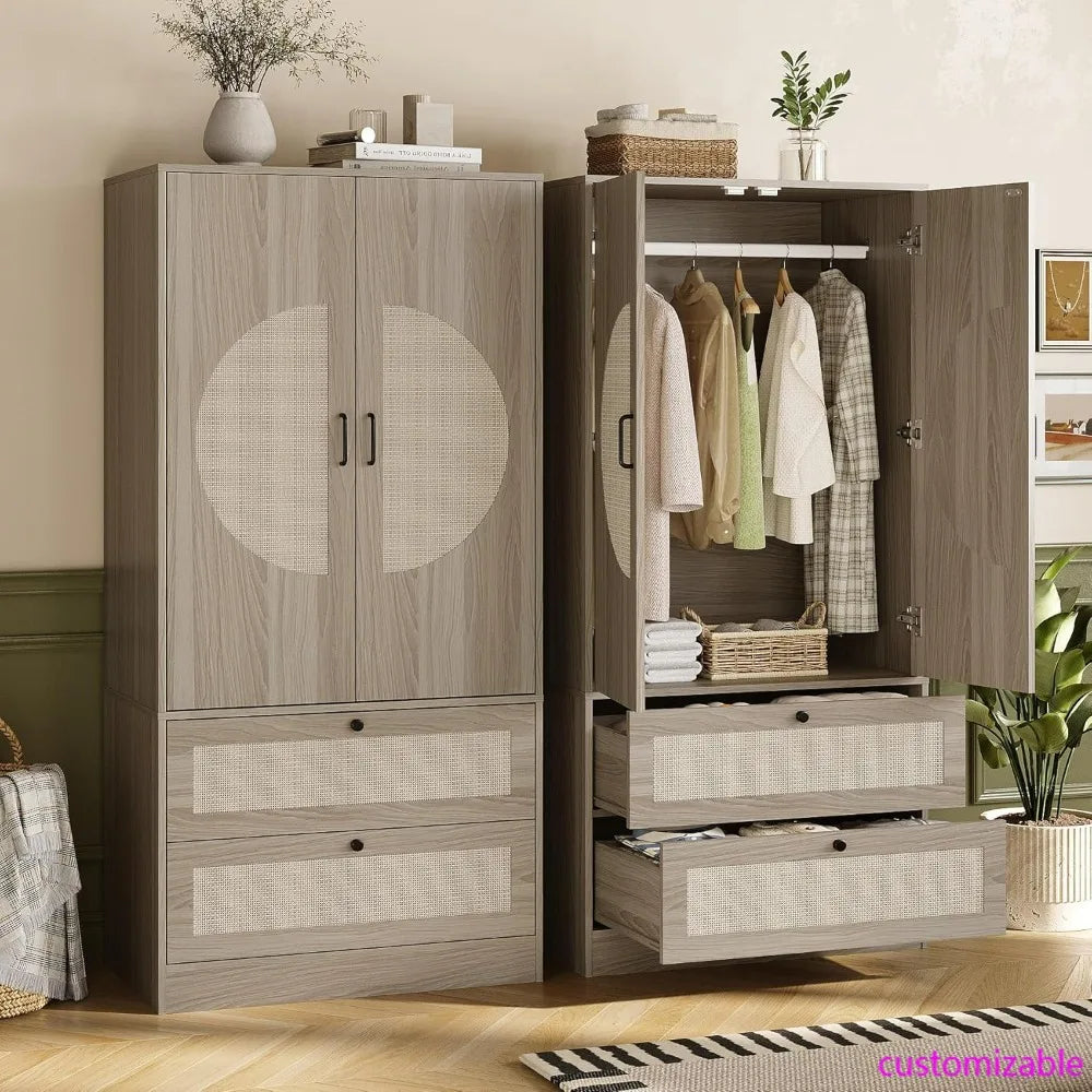 Large Wooden Boho Wardrobe with 2 Drawers, 65" High, Rattan Door Accents, and Hanging Rod for Bedroom