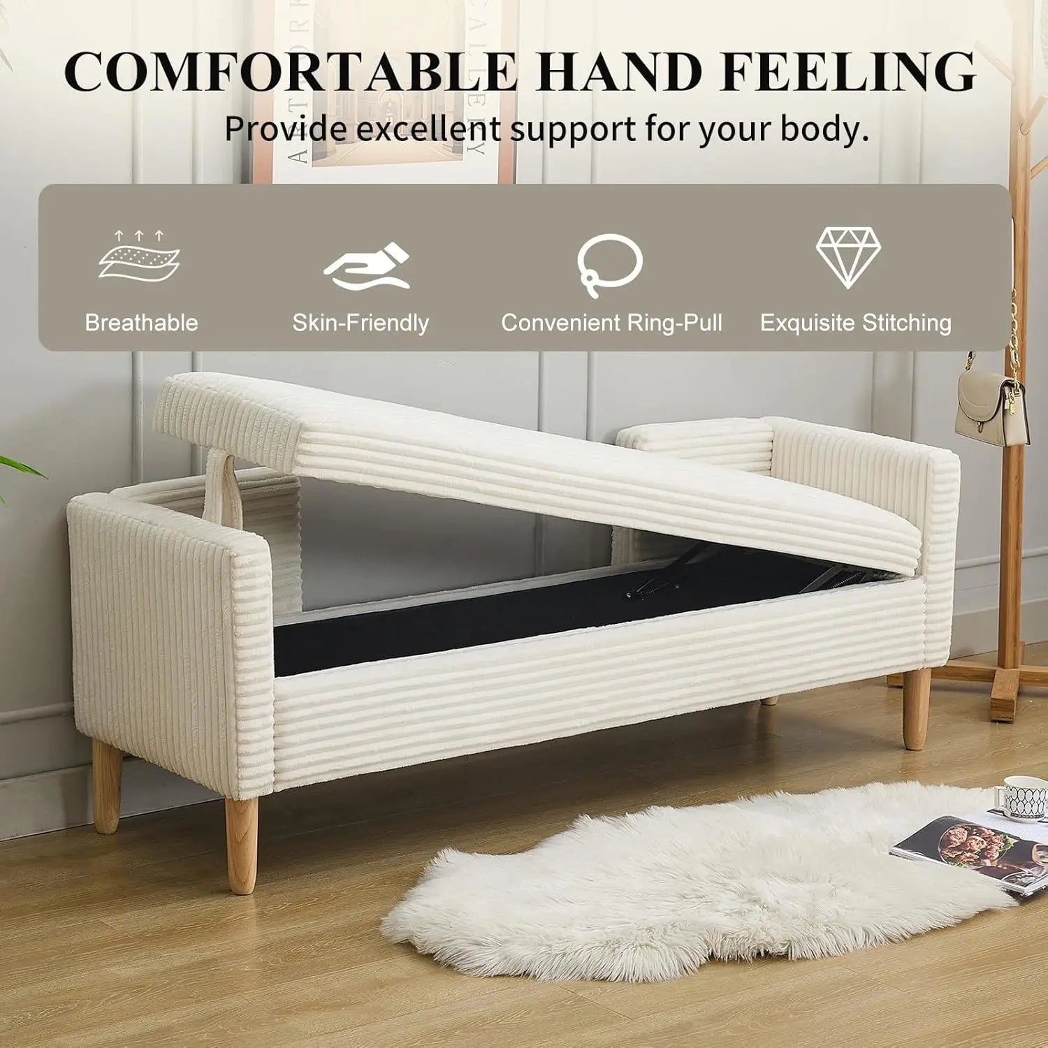65" Large Storage Ottoman Bench with 2 Pillows, Corduroy Upholstered Entryway Bench