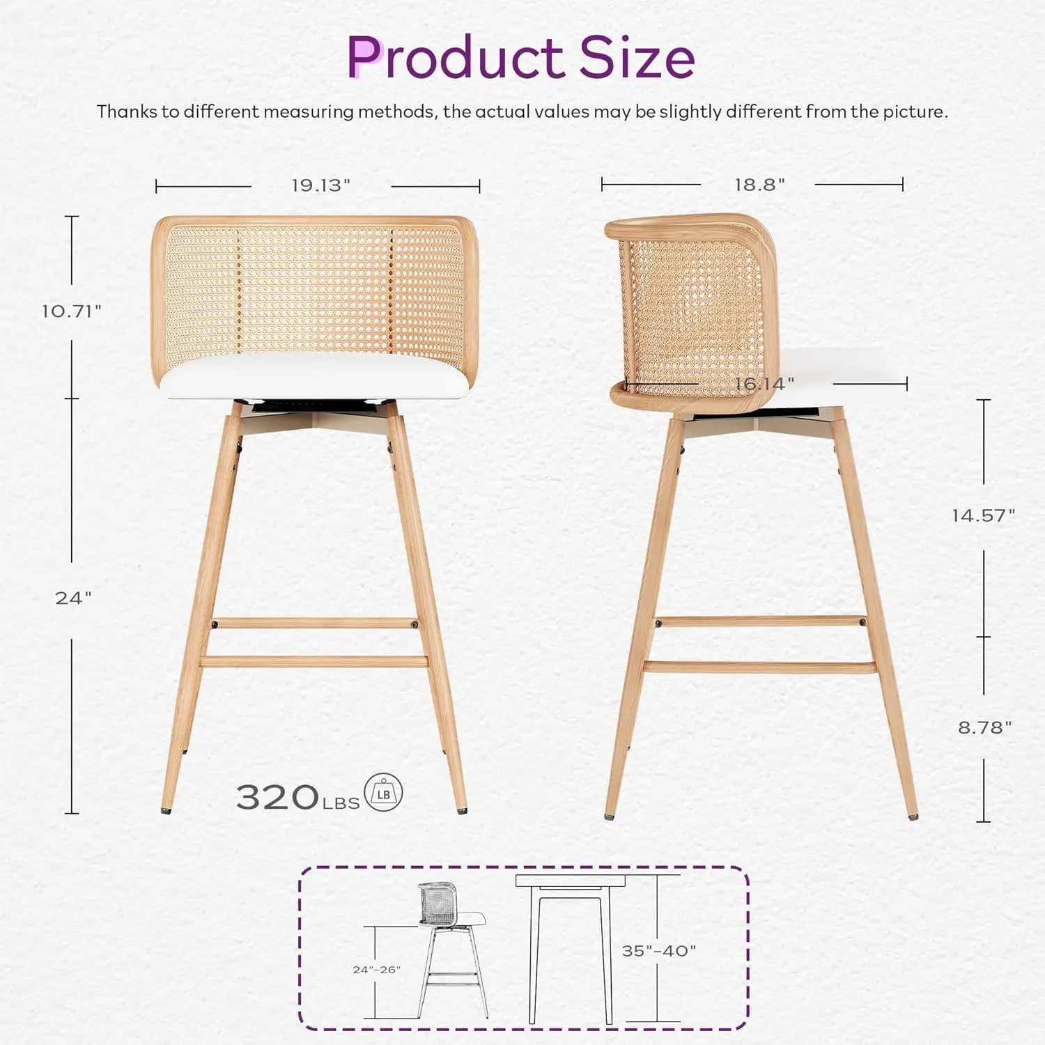 NEW Swivel Rattan Bar Stools Set of 2, 26” Counter Height Stools with Natural Rattan Woven Back and Faux Leather Seat