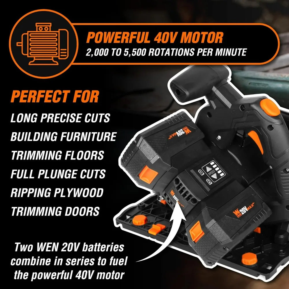 6.5-Inch Cordless Track Saw with Brushless Motor, Variable Speed, Dual 20V Max 4.0 Ah Batteries, and Charger (20691)