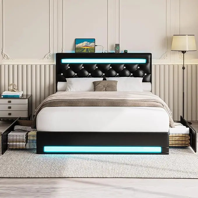 Full Size Bed Frame with LED Light, PU Leather Platform Bed Frame with 4 Drawers, Adjustable Tufted Headboard