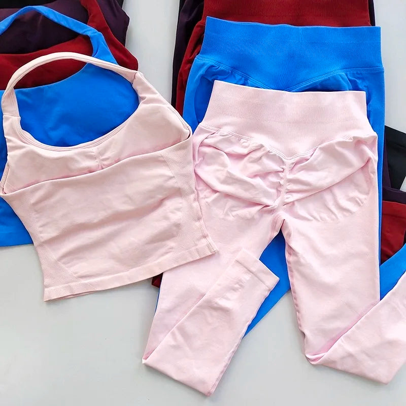 Yoga Pants High-Waisted Tummy-Control Hip-Lifting Sports Suit/ Women's Push-Up Shockproof Halter Neck Back-Slimming Fitness Set