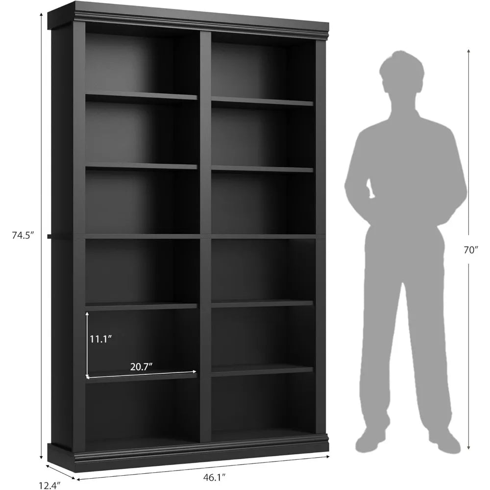 Extra Large 74.5" Tall Double Storage Bookshelf with 6-Tier and 12 Cubby Shelves for Wide Freestanding Use
