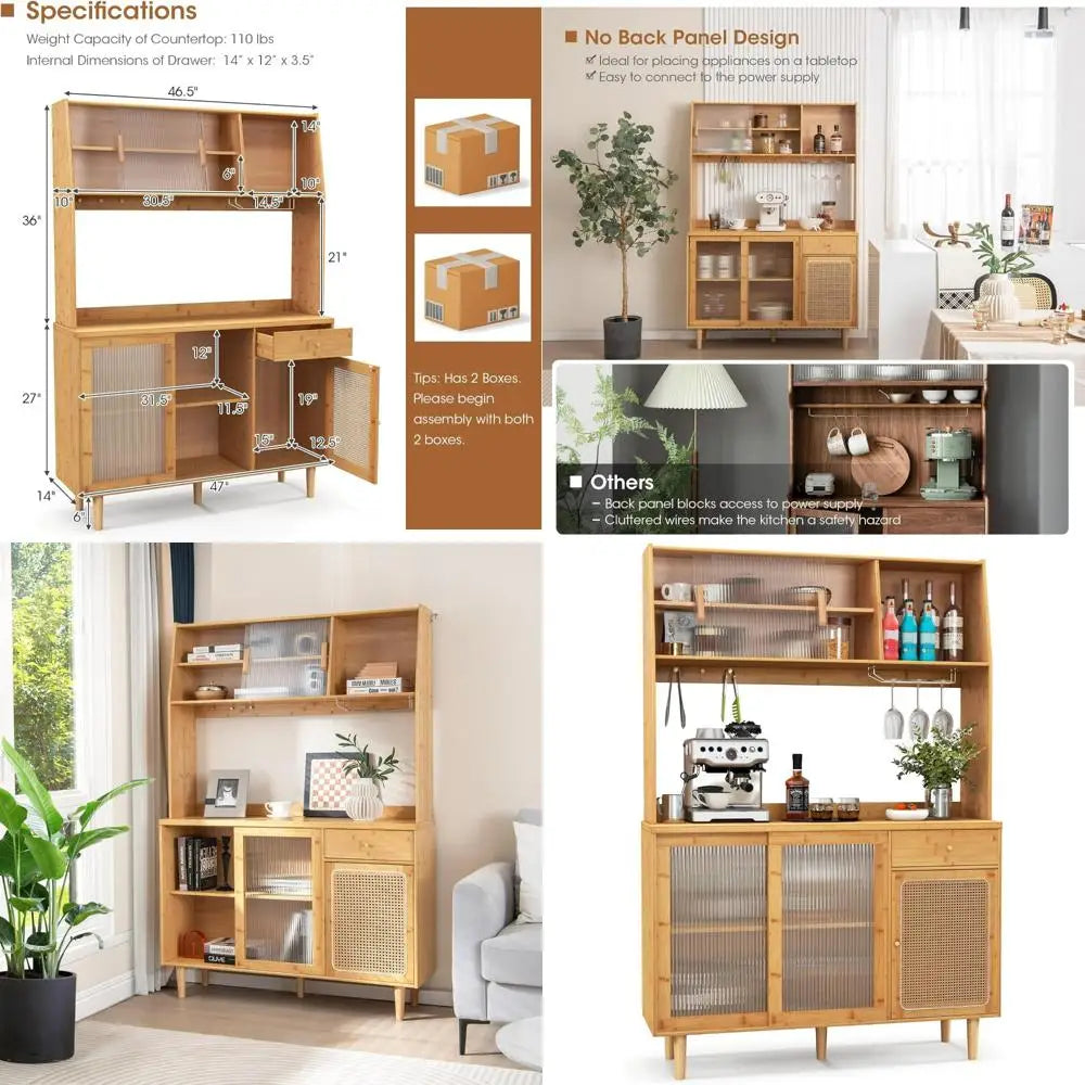 69-inch Bamboo Pantry Cabinet with Storage, Drawers, Microwave Stand, and Glass Holder - Freestanding Buffet Style