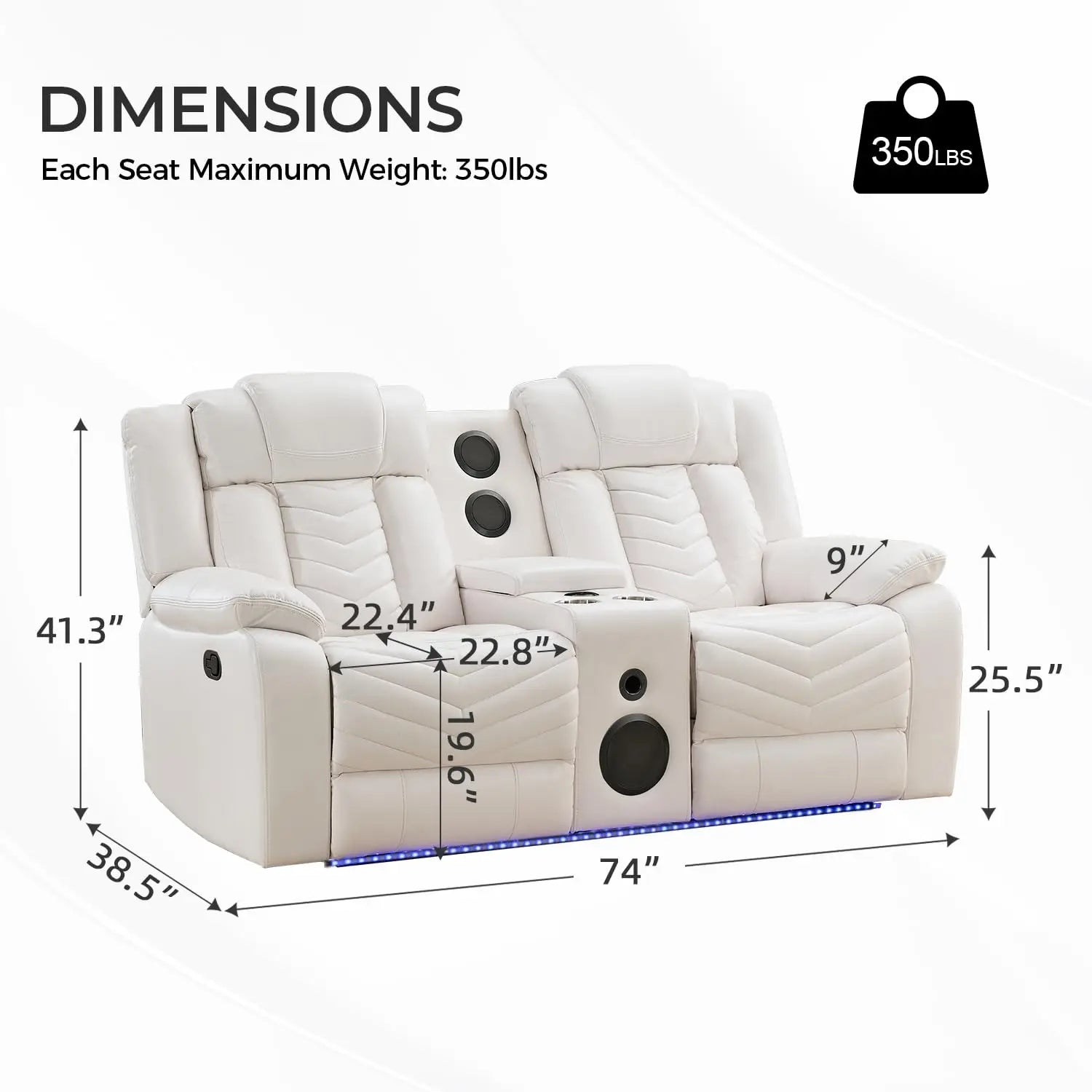 Manual Recliner Loveseat with Bass Speaker, Faux Leather Reclining Love Seat with LED Lights, USB Charger, Cup Holder